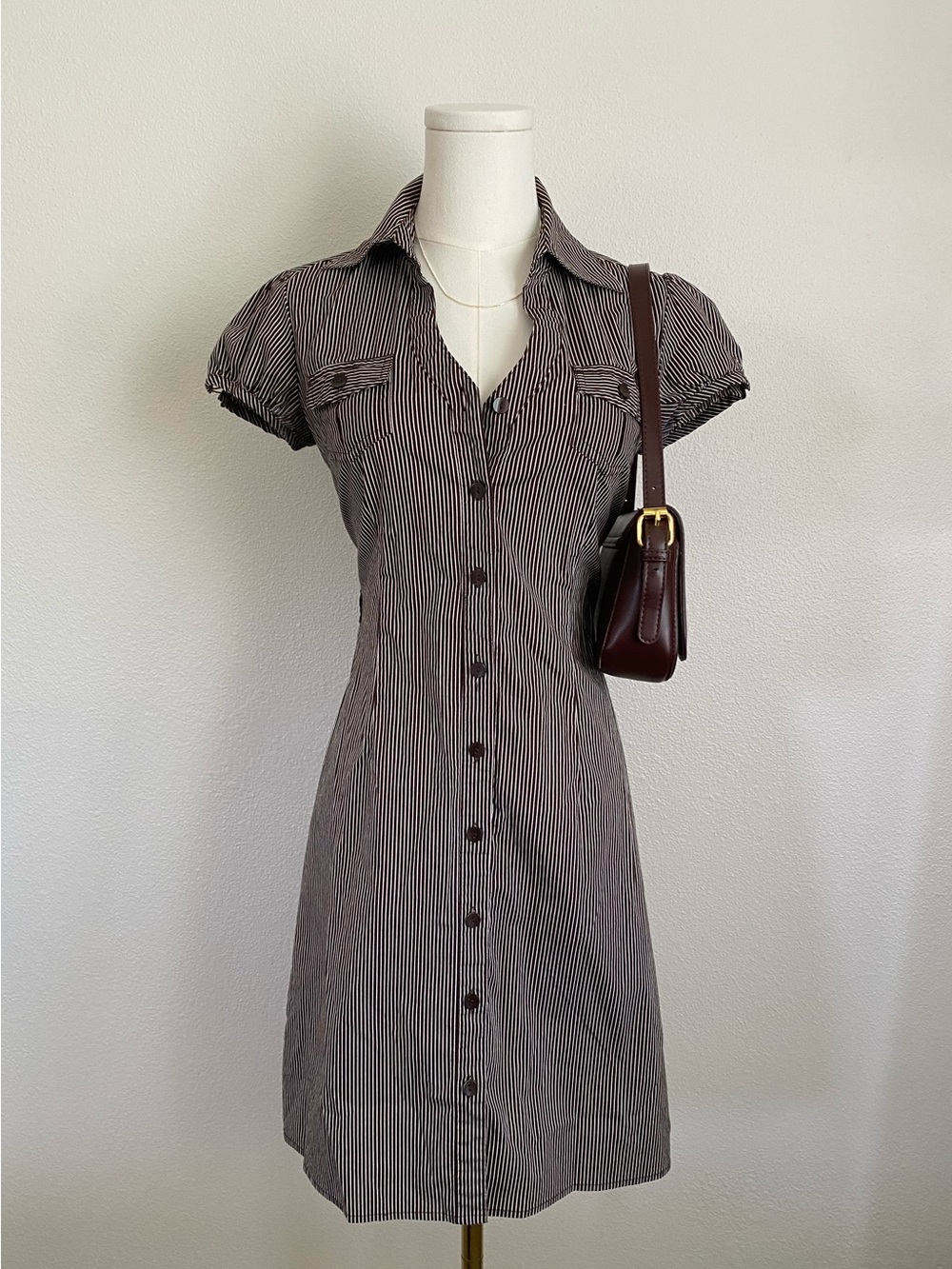 Y2K Byer California Pinstripe Short Sleeve Shirt Dress Midi Brown Indie Office